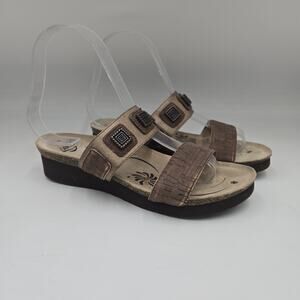 Abeo Sandals Slip On Double Strap Gold Square Medallion Detail WN 6 Low Wedge